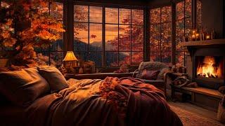 Cozy Bedroom Retreat: Relax with Autumn Rain and Soothing Fireplace Sounds | Fall Ambience