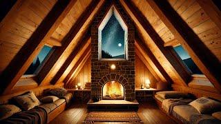 8K HDR Cozy Cabin Loft Fireplace with Moonlit Night Sky Views