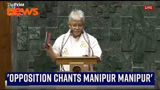 The opposition stands up to chant 'Manipur Manipur' as Angomcha Bimol Akoijam takes oath in LS