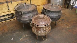 Restoring 3 rusted cast iron tripod pots and cooking in them.