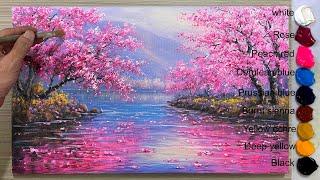 How to draw cherry blossoms on the shore of a lake / Learn to paint pink flower landscape / A Lu Art