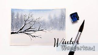 STEP BY STEP frosty winter branch » How to paint a winter landscape in watercolor in real time