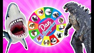 DINOSAURS VS SHARKS VS GODZILLA TOYS SPIN THE WHEEL GAME!