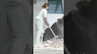 Amazing Process Of A Skinny Woman Using A Hammer To Demolish A Wall !