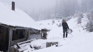 long winter night in an abandoned log cabin , no talking