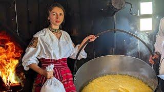 Traditional mountain porridge. Cooking tasty lunch in the Ukrainian Carpathians