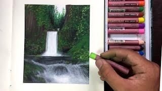 Oil Pastel Drawing / Beautiful Waterfalls / Kobz ART