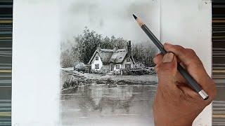 Fantastic cottage landscape drawing with pencil step by step.