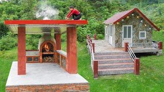 Roofing And Kitchen Cabinet Installation - Complete Build Kitchen With Large-Sized Wood Stove