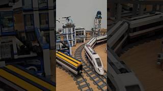 LEGO train action: freight on the bridge, passengers on separate tracks!