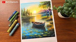 Lakeside Boat Scenery Drawing with Oil Pastels: Step-by-Step Tutorial