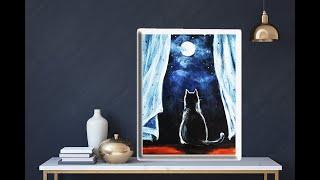 Moon & Cat Acrylic Painting on Canvas/ Step by Step/  Easy For Beginners / MariArtHome