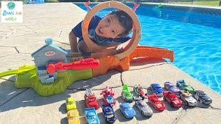 Disney Pixar Cars falling into deep pool, Lightning McQueen, Tow Mater, Mack, Sally, Francesco