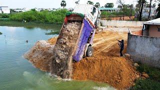 OMG!! 5ton truck accident almost overturned while unloading dirt help back by KOMATSU D31P dozer