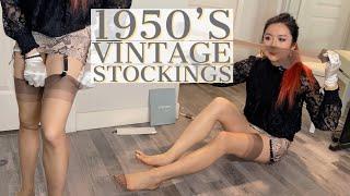  1950’s Vintage Nylons Stockings Try On Review, Garter Belt Hosiery Reinforced Toes Pantyhose Feet