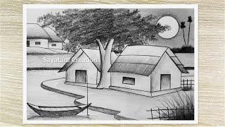 How to draw a village Nature Scenery with Pencil, Pencil Shading Drawing secrets