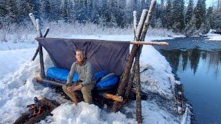 HOT ROCKS in my Bushcraft Cot - Winter Camping in Alaska with a Survival Shelter