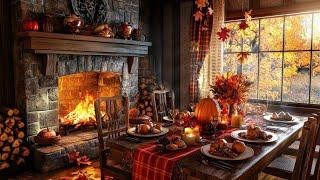 Cozy Thanksgiving Kitchen Ambience with Smooth Jazz Music & Fireplace Sounds | Peaceful Warm