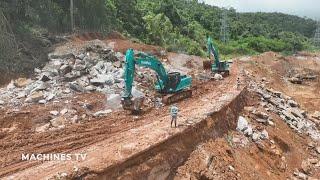 Stone Explosion Mountain Road Construction Project Massive Excavator Moving Huge Stone On Hilly