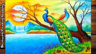 peacock scenery drawing with oil pastels color