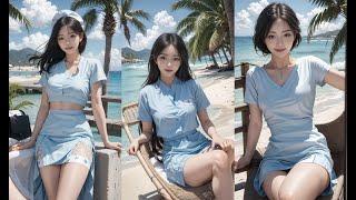 Ai Art. Beachside Elegance: A Woman's Blue Dress Photoshoot / 해변에서 우아하게: 파란 드레스에 입혀진 여성의 포즈 촬영