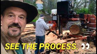 Processing a log into lumber with a Wood-Mizer portable sawmill.  How to cut a log into lumber.