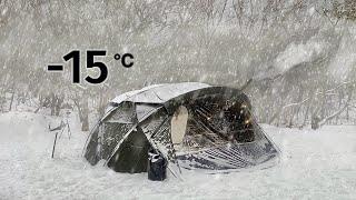 Non-stop snow solo camping l Cozy hot tent overnight l Winter mountain hiking