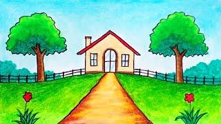 How to Draw Beautiful House and Garden | Easy Scenery Drawing