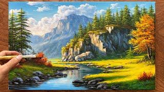 Techniques for painting beautiful mountain and forest scenes / Acrylic painting / A Lu Art.