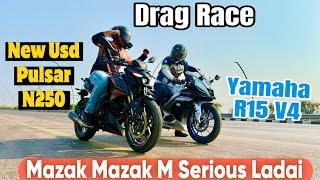 New Bajaj Pulsar N250 Usd Fork Vs Yamaha R15 V4 Drag Race || Long Race | N250 Vs R15 V4 M Drag Race