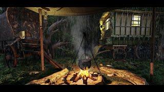 Medieval Camp Ambience | Rain Sounds 8 Hours | Crackling Fire Sounds