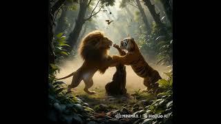 Deep within a dense jungle, a fierce battle rages between a lion and a tiger over a fallen prey