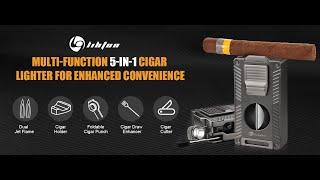 LIHTUN 5-in-1 Cigar Lighter, Dual Torch Lighter with Cigar Vcutter Punch Stand Draw Enhancer