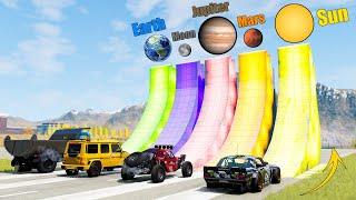 Which Ramp with Different Gravity Give Highest Jump?(earth, moon, jupiter, mars, sun) - Beamng drive