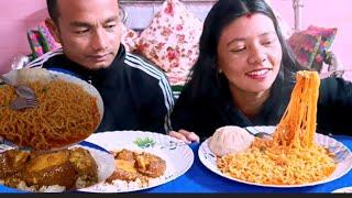 pork rice & current noodles / Nepali mukbang Saibo family|| husband wife| सुगुर को मासु चाउचाउ