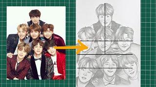 BTS Group Drawing | How to draw - step by step || Pencil  Sketch Tutorial for Beginners