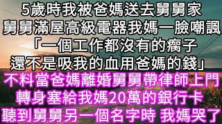 5歲時我被爸媽送去舅舅家舅舅滿屋高級電器我媽一臉嘲諷「一個工作都沒有的瘸子還不是吸我的血用爸媽的錢」不料當爸媽離婚舅舅帶律師上門 #心書時光 #為人處事 #生活經驗 #情感故事 #唯美频道 #爽文