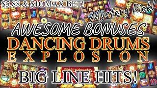 Dancing Drums Slot Machine Awesome Bonuses Big Line Hits & Wins $5.88 & $10 Max Bet Mystery Pick 