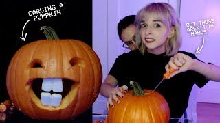 carving a pumpkin but those aren't my hands