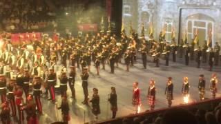 Belfast Tattoo 2016, massed bands playing Highland Cathedral, Chelsea Pensioners