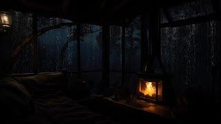 Night Rain and Warm Fireplace | Peaceful Cabin Ambience for Relaxation