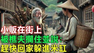 民間故事：小販在街上，被樵夫攔住並說：趕快回家躲進米缸