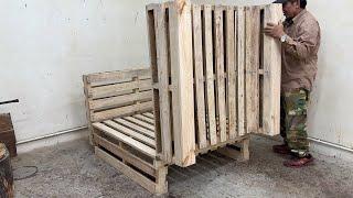 Amazing Simple Pallet Woodworking With This Way - Turns Old Pallets into A Chair Combined With Bed