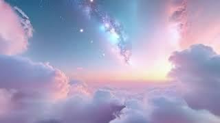 A celestial mix of pink and blue nebula clouds swirling  faint stars glowing, evoking peace and calm