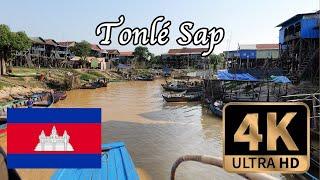 【4K Walk in Cambodia】Tonle Sap Lake tour in dry season, visit water village