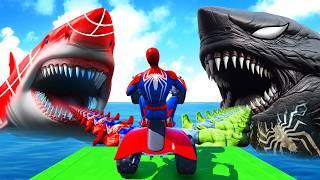 Superheroes on a motorcycle ride over the sea along the Spider-Man Bridge GTA 5