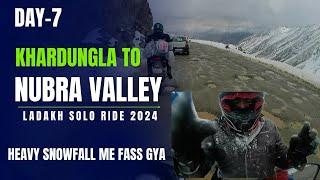 Khardungla to Diskit Nubra valley || Heavy snowfall || Solo Ladakh Ride 2024 #biker #rider #vlog