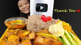 Silver Play Button Unboxing & Eating pork Gravy with Dhido, Fatty Pork Belly, Nepali Mukbang Asmr