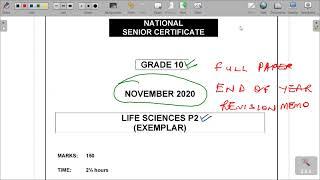 GRADE 10 LIFE SCIENCES PAPER 2 2020 END OF YEAR REVISION  AND EXEMPLAR MEMO