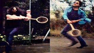 George Harrison playing tennis with Bob Dylan (1969)